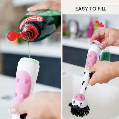 Vigar Soap Dispensing Dish Brush - Moo Cow-Shaped, Dish Brush with Handle and Soap Dispenser, Dish Scrub Brush for Dishes, Pot Scrubber, Sink Scrubber, Kitchen Brush, Kitchen Essentials - White, Black - color: Moo Cow