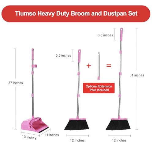 Tiumso Broom with Dustpan Combo Set, 51'' Broom and Dustpan Set, Brooms and Dust Pan with Handle, Brooms with Standing Dustpans, House Broom for Pets Hair and Floor Cleaning - Pink - color: Pink
