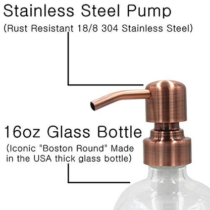 2 Pack Thick Clear Glass Pint Jar Soap Dispenser with Copper Stainless Steel Pump, 16ounce Clear Boston Round Bottles Dispenser with Rustproof Pump for Essential Oil, Lotions Soap - color: Copper