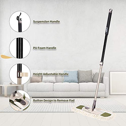 Eyliden Dust Mop, 2 Microfiber Pads, Home Commercial Cleaning, Quick Swap | 52.6" Adjustable Handle, 360° Swivel, Washable, Wet Dry Mops for Kitchen Hardwood Vinyl Tile Floor Cleaning, Push Dust Broom - color: Army Green
