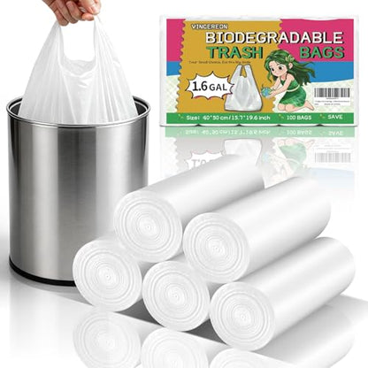 1.6 Gallon Small Trash Bags For Bathroom - White With Handles Biodegradable Mini Garbage Bags 100 Count （Fit 1.3-1.5Gal）6 Liter Unscented Little Wastebasket Liners For Car Office Kitchen Vincereon - color: 1.6 gallon white 100