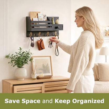Key Holder Wall Mount, Wooden Adhesive Mail and Key Organizer with Drawer, Small Shelf, 8 Hooks, 2 Installation Methods, Black - color: Black