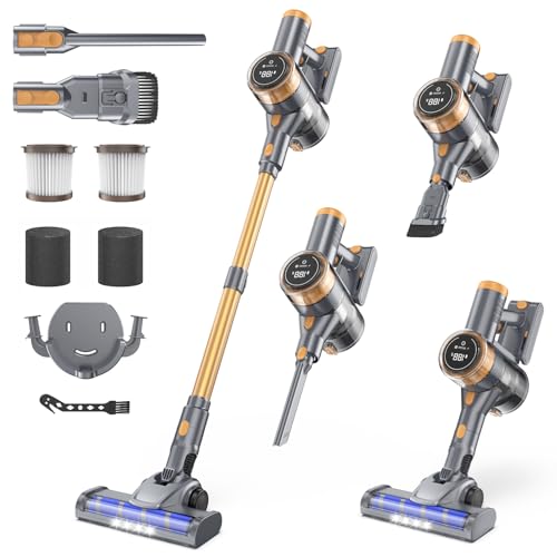 Cordless Vacuum Cleaner, 450W 45KPa Powerful Suction Stick Vacuum, Up to 51-Min Runtime, Self-Standing Pet Hair Cleaner for Home, Hard Floor & Carpet with Anti-Tangle Brush, HEPA Filter, LED Display - color: Gold