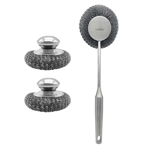 Stainless Steel Wool Scrubber Set, Long Handle & Handle Brushes, Metal Brush for Pots, Pans, Grills & Cutlery Cleaning (3 Pack)