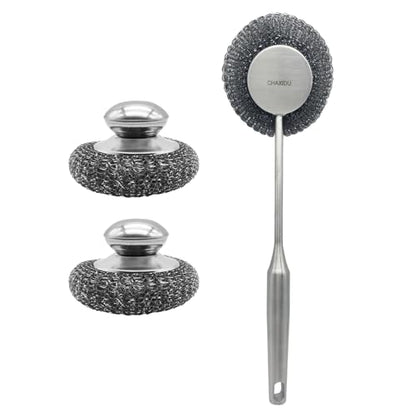 Stainless Steel Wool Scrubber Set, Long Handle & Handle Brushes, Metal Brush for Pots, Pans, Grills & Cutlery Cleaning (3 Pack)