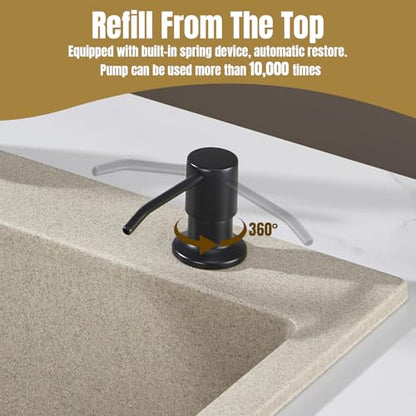 Built in Soap Dispenser for Kitchen Sink Countertop, Matte Black Stainless Steel Soap Dispenser Pump Head Refill from the Top with 11 Ounce Transparent Soap Bottle - color: Black