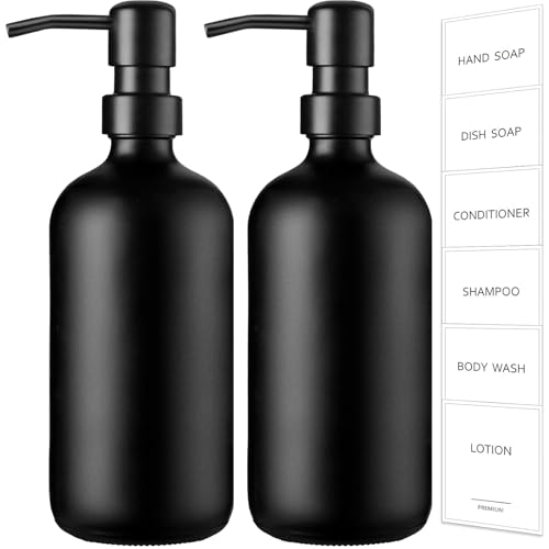 GMISUN Black Soap Dispenser, 2 Pack Matte Black Hand Soap Dispensers for Bathroom, 17 Fl Oz Glass Dish Soap Dispensers for Kitchen with Stainless Steel Pump, Modern Liquid Soap Bottle - color: Black Bottle + Black Pump, size: 2 Pack