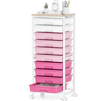 SYKIARIOL Rolling Cart with Drawers,10 Drawer Rolling Cart,Storage Cart,Utility Cart,Teacher Cart for Classroom Storage,Craft Cart with Wheels and Wooden Tabletop,Pink - color: Pink