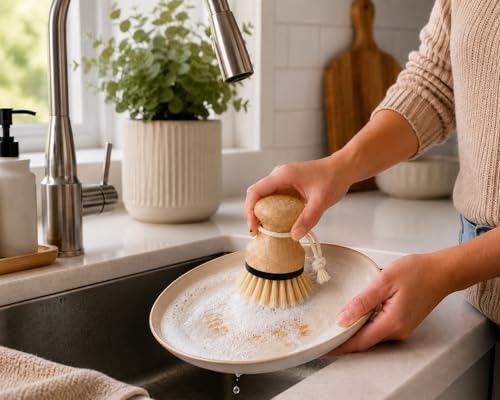 Kitchen Simple Bamboo Palm Brush Set, 2 Pack Dish Scrub Brushes for Pots, Pans, Dishes, Sink & Vegetable Cleaning, Durable Bristles, Bamboo Handle, Black Accent & Cotton Hanging Loop