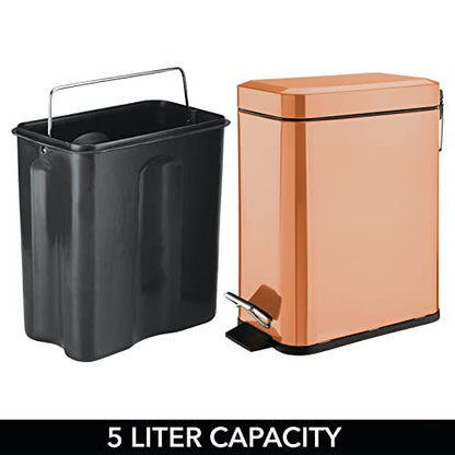 mDesign Small Modern 1.3 Gallon Rectangle Metal Lidded Step Trash Can, Compact Garbage Bin with Removable Liner Bucket and Handle for Bathroom, Kitchen, Craft Room, Office, Garage - Copper - color: Copper, size: 1.3 Gallon