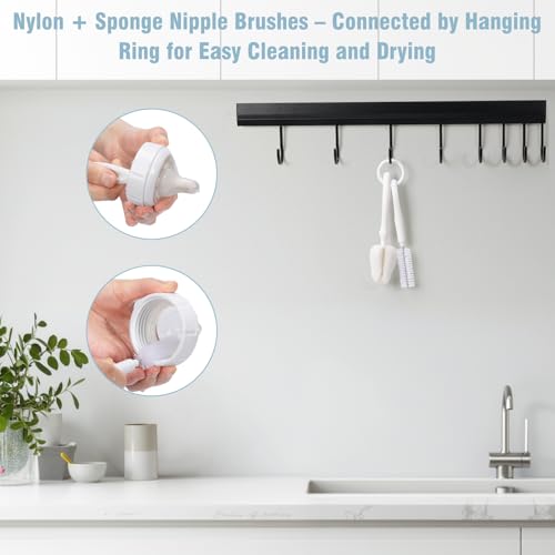8 Pack Baby Bottle Brush Set, Two 12.7" Nylon Brush with Hidden Cleaner, 5.4" Nylon & 5.7" Sponge Nipple Brushes, 4 Straw Brushes, 2 Hanging Rings, BPA-Free, Gray - color: Gray