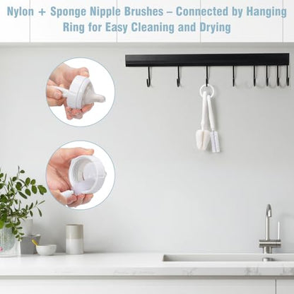 8 Pack Baby Bottle Brush Set, Two 12.7" Nylon Brush with Hidden Cleaner, 5.4" Nylon & 5.7" Sponge Nipple Brushes, 4 Straw Brushes, 2 Hanging Rings, BPA-Free, Black - color: Black