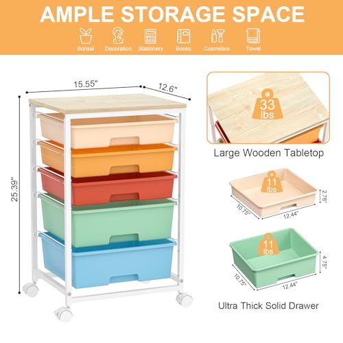SYKIARIOL Utility Cart with 5 Drawers,Storage Cart with Wooden Tabletop and Lockable Wheels,Craft Storage Trolley Organizer,5-Tier Rolling Utility on Wheels,Macaron - color: Macaron