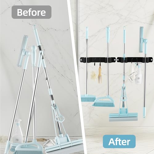 Broom Holder Wall Mount, 2-Pack Stainless Steel Mop and Broom Organizer, Broom Hanger with 2 Slots 2 Hooks for Home Kitchen, Garage, Garden and Laundry Room, Black - color: Black-2 Pack