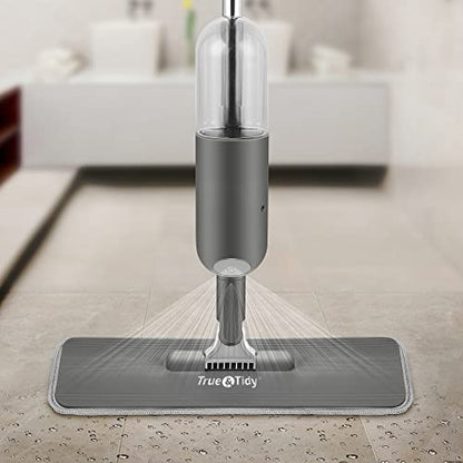 True & Tidy Spray Mop for Floor Cleaning Wet Spray Mop with 12 oz Refillable Bottle and 4 Washable Microfiber Pads Home or Commercial Use Dry Wet Flat Mop for Hardwood Laminate Wood Ceramic (Gray)
