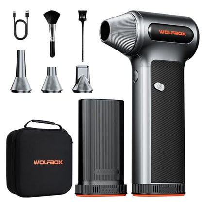 WOLFBOX MF200-2PK Compressed Air Duster - 2 Swappable Battery Packs & Case, Hurricane-Force Electric Air Blower for PC, Car Detailing, Camping & Home, High-Pressure Duster for Narrow Gaps & Crevices