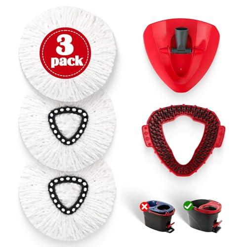 3 Pack Spin Mop Replacement Head for O-Ceda EasyWring 1-Tank System, 3 Microfiber Spin Mops Refills,1 Scrubber Head,1 Triangle Spin Base,Deep Clean,Machine Washable and Easy to Replace - size: White-3P