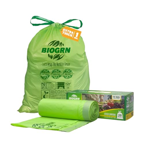 10-13 Gallon Compostable Trash Bags Drawstring 30 Bags Heavy Duty Extra Thick 1 Mil 49.21 Liter Biodegradable Trash Bags Compost Bags Green for Kitchen ASTM D6400 US BPI and OK Compost Home Certified - color: 13 Gal, Drawstring Bags, 30 Count