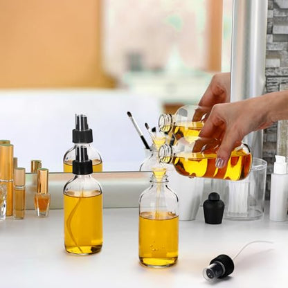 Norme 12 Pcs 8 oz Glass Spray Bottles with Funnels and Labels Refillable Cosmetic Empty Spray Bottles with Sprayer Containers for Essential Oil Cleaning Solutions(Clear,Stylish) - color: Clear, style: Stylish