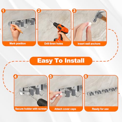 Broom Holder Wall Mount, Mop and Broom Organizer Broom Hanger Storage Tool Utility Racks Stainless Steel Wall Hooks Solid Mop Rack for Home Kitchen Garden Laundry Garage (5 Racks 4 Hooks) - size: 5 Racks 4 Hooks