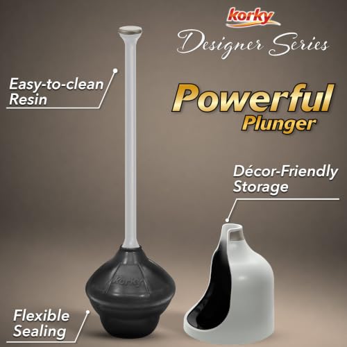 Korky Gray Toilet Plunger and Holder – Heavy Duty Compact Design – Fast Clog Removal – Easy to Clean - Made in USA - color: Gray