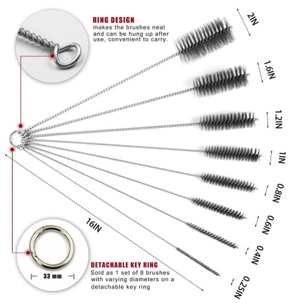 16 Inch Extra Long Pipe Cleaning Brush Set Stainless Steel Bristles, Stainless Steel Pipe Brush Steel Bottle Brush 8 Piece Variety Pack for Auto Parts, Bottles,Tubes, Etc. - size: 16 Inch