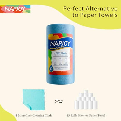 Napjoy Microfiber Cleaning Cloth Roll, 75PK Easy Tear Away Reusable Paper Towels, 12" x 12", Lint-Free and Scratch-Free with Patented Fiber Technology Microfiber Towel Roll, Blue - color: Blue