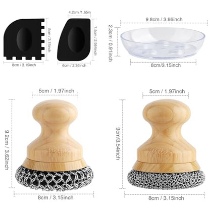 Cast Iron Scrubber and Scraper,Chain Mail Cleaner with Bamboo Handle & Draining Tray,316 Stainless Steel Brush for Cleaning Pots,Pans,Wok,Bakeware,Griddles, Grills(Large Chain Mail,2pcs) - size: Large Chain Mail 2pcs