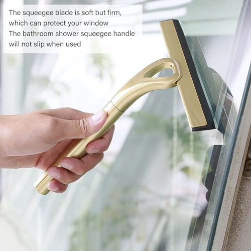 Squeegee for Shower Glass Door, Gold Stainless Steel Shower Squeegee with Hooks, Household Window Mirror Squeegee Wiper for Glass Door, Tile Wall
