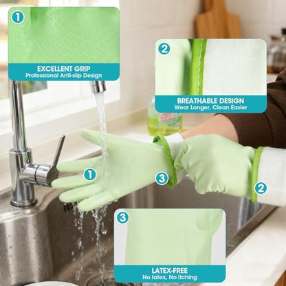 Household Gloves Waterproof with Flock Lining for Dishwashing Cleaning Reusable No-slip for Kitchen & Bathroom 3 Pairs Medium Blue+Green+Pink