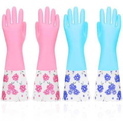 2 Pairs Rubber Cleaning Gloves Household Kitchen Dishwashing Gloves Long Cuff Glove with Cotton Flocked Liner Reusable Waterproof Non-Slip Household Glove for Bathroom Laundry Gardening Gift for Mom
