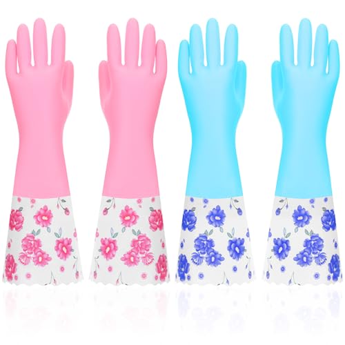 2 Pairs Rubber Cleaning Gloves Household Kitchen Dishwashing Gloves Long Cuff Glove with Cotton Flocked Liner Reusable Waterproof Non-Slip Household Glove for Bathroom Laundry Gardening Gift for Mom
