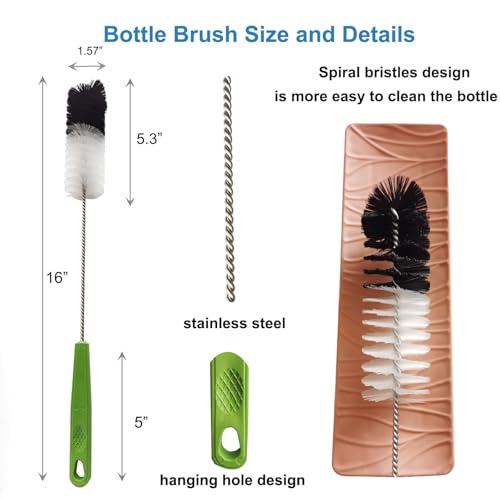 2 Pack 16" Water Bottle Brush for Cleaning, Dokpod Long Handle Bottle Cleaner Brush, Narrow Bottle Scrubber Brush, Hummingbird Feeder Cleaning Brushes, Cup Cleaner Brush, Meat Grinder Brush, for Pipe