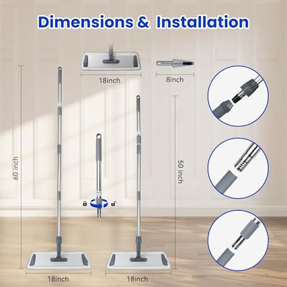 Large 60 inch Microfiber Flat Mop for Floor Cleaning - Wet & Dry with 4 Washable Pads, 360° Rotatable Head for Hardwood, Vinyl, Tile
