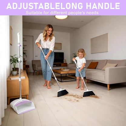 Broom with Dustpan Combo Set for Home, 52-in Long Adjustable Handle Angle Broom and Dustpan Set with Dustpan Comb Teeth for Sweeping Pet Hair Food Dirt Kitchen (White-Purple) - color: White-purple