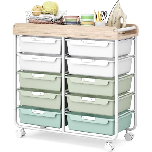 10 Drawers Rolling Cart with Wooden Tabletop, Utility Storage Cart with Wheels, Art Supply Craft Organizer on Wheel with Metal Frame & Handles for Home Office School,Green - color: Green