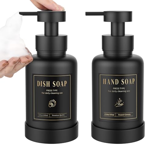 Luxspire Foaming Soap Dispenser, Glass Foam Pump Soap Dispenser, Non-Slip Hand Soap Bottle with 5 Waterproof Labels, 15 Oz Refillable Liquid Soap Bottle for Bathroom & Kitchen, Black, 2 Pack - color: Black