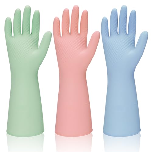 Rubber Kitchen Dishwashing Gloves - 3 Pairs Reusable Household Cleaning Gloves, Flexible and Durable & Non-slip Cleaning Gloves, Great for Kitchen, Bathroom, Laundry (Medium, Pink+Green+Blue) - color: Pink+green+blue, size: Medium