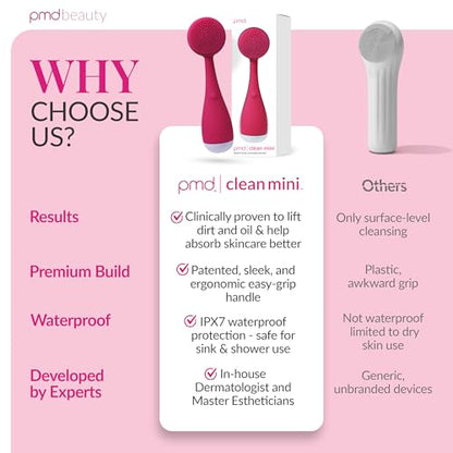 PMD Clean Mini - Smart Facial Cleansing Device with Silicone Brush & Anti-Aging Massager - Waterproof - SonicGlow Vibration Technology - Clear Pores and Blackheads - Lift, Firm, and Tone Skin - color: Pink