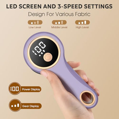 Rechargeable Fabric Shaver, Electric Lint Remover with Digital Display,Portable Sweater Defuzzer with 3 Speeds,6 Leaf Blades, Lint Shaver for Clothing,Furniture, Sofa,Sweater,Blanket… - color: Purple