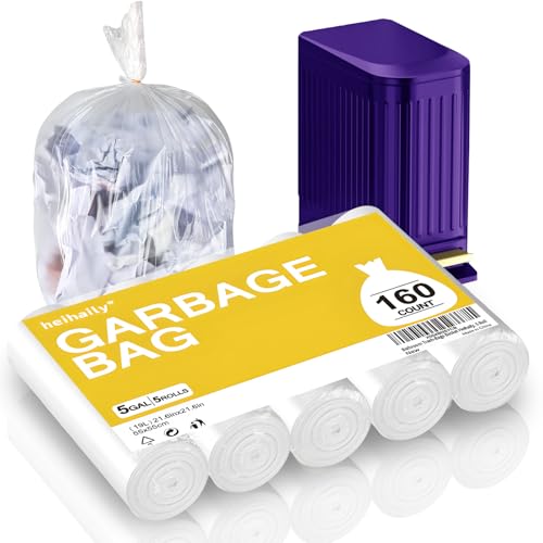 Bathroom Trash-Bags 5-Gallon Garbage Bag - Strong Unscented Clear White Plastic Unscented 160 Counts Disposable Can Liners for Restroom Kitchen Car Waste Basket Heihaily, 5 Roll - style: PE-5Gal Clear 160