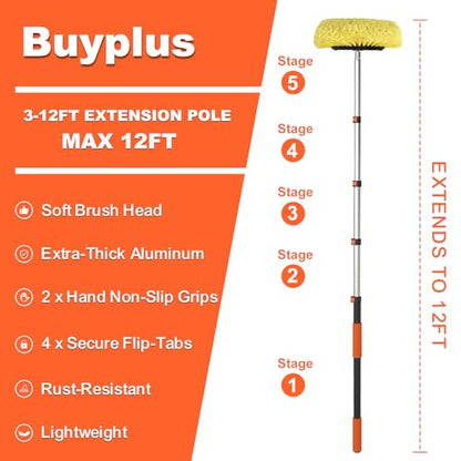 Buyplus 12FT Car Wash Brush with Long Handle, 12-Inch Soft Bristle, with Aluminium Telescoping Pole, for Cleaning Car, SUV, RV, Boats, House Siding, Floors, Solar Panels, and More