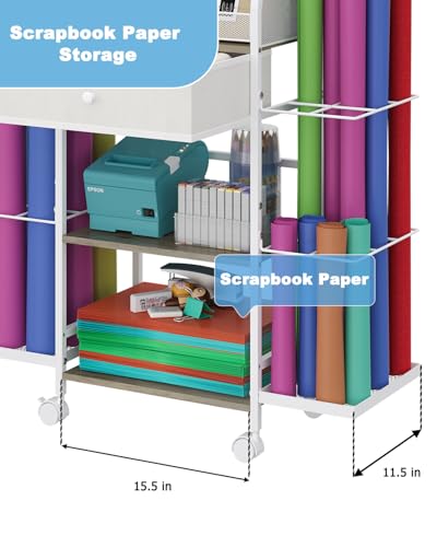 Rsaayekkt Rolling Wrapping Paper Storage Cart with Fabric Drawer White | Vertical gift wrapping organizer storage, fits 12x12 scrapbook paper, heavy duty craft cart with wheels, space saving station - color: White-bilateral