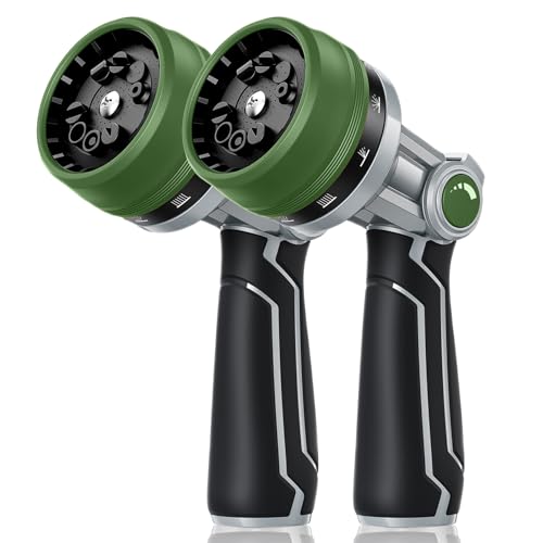 RAINPOINT Full-Metal Garden Hose Nozzle, Heavy Duty Water Hose Nozzle Sprayer With 10 Adjustable Patterns & High Flow,Thumb Control For Flow Adjustment, Ideal For Watering, Washing, Dark Green-2PCS - color: Dark Green