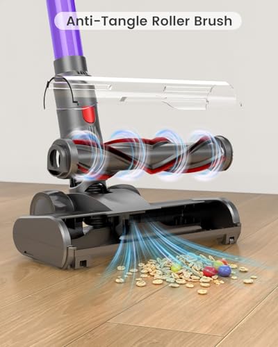 Cordless Vacuum Cleaner, 650W 55KPA 70Min Wireless Vacuum for Home, Stick Vacuum with Green Light Anti-Tangle, Rechargeable Vacuum Cleaners for Pet Hair Carpet Hard Floors （Purple）