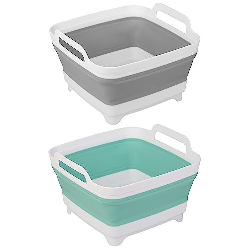 2 Pack Dishpan for Washing Dishes, 2.4Gal/9L Wash Basin with Draining Plug Carry Handles, Collapsible Bucket for Cleaning, Portable Sink, Foldable Plastic Tub - color: Green and Grey, size: 2 x 9L