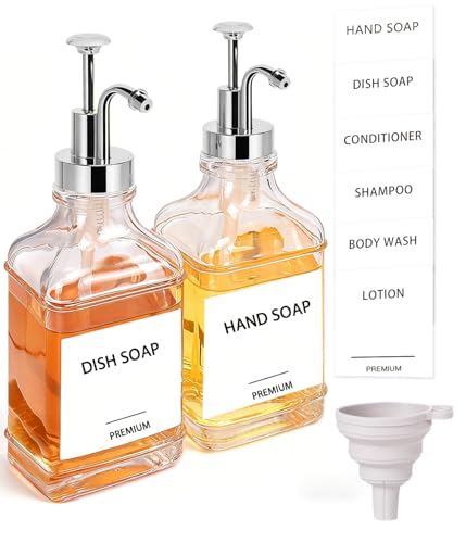 Dish Soap Dispenser for Kitchen, Hand Glass Soap Dispenser Set with Pump, Funnel for Bathroom, Shower, Laundry, Liquid, Lotion (Silver 2 Pack 18 Oz Clear Bottles with 12 Stickers) - color: Silver Square, size: 18Oz