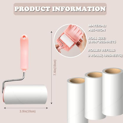 Lint Roller Remover with 180 Sheets, Pet Hair Remover Extra Sticky Roller Hair Dust Remover for Clothes, Furniture, Travel Household 1 Handle+3 Rollers Dog &Cat Hair Removal Pink - size: 3.9 inch Pink
