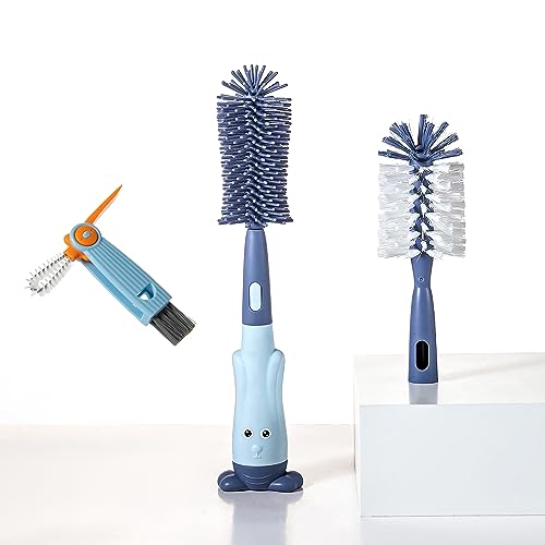 Chemimoso Cup Cleaning Brush, Silicone Baby Bottle Brush with Stand, Large Handle Water Bottle Brush Cleaner Set, with a Tiny Cup Lid Gap Cleaning Brush, Cup Lid Cleaner Brushes Kit, Blue - color: Blue 2