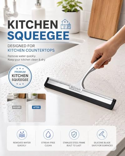 MOVAN Shower Squeegee for Glass Doors with Replacement Silicone Blade – 304 Stainless Steel Frame, 10 Inch, Streak-Free Bathroom Window Wiper with Adhesive Hook, Black
